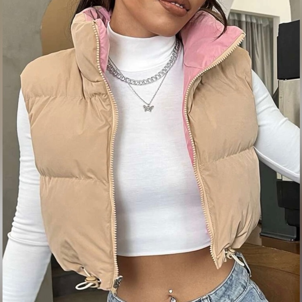 Khaki and Pink Causal cropped fitted vest coat